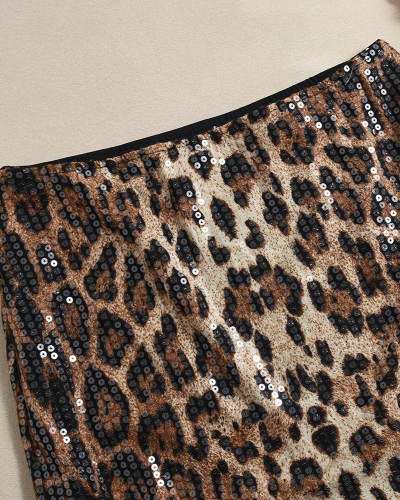 Leopard Sequin Stretch Maxi Skirt - Rose-Red - 2