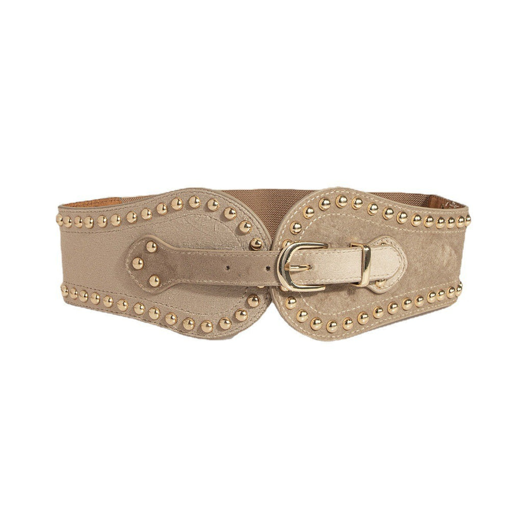 Studded Suede Wide Elastic Waist Belt - Apricot