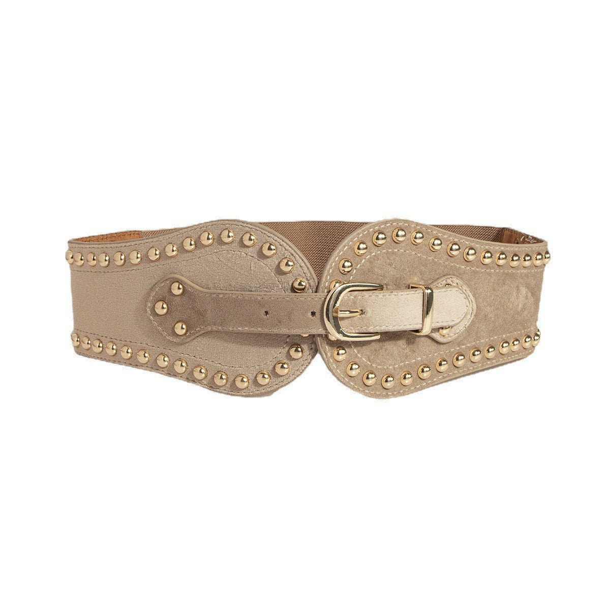 Studded Suede Wide Elastic Waist Belt - Apricot
