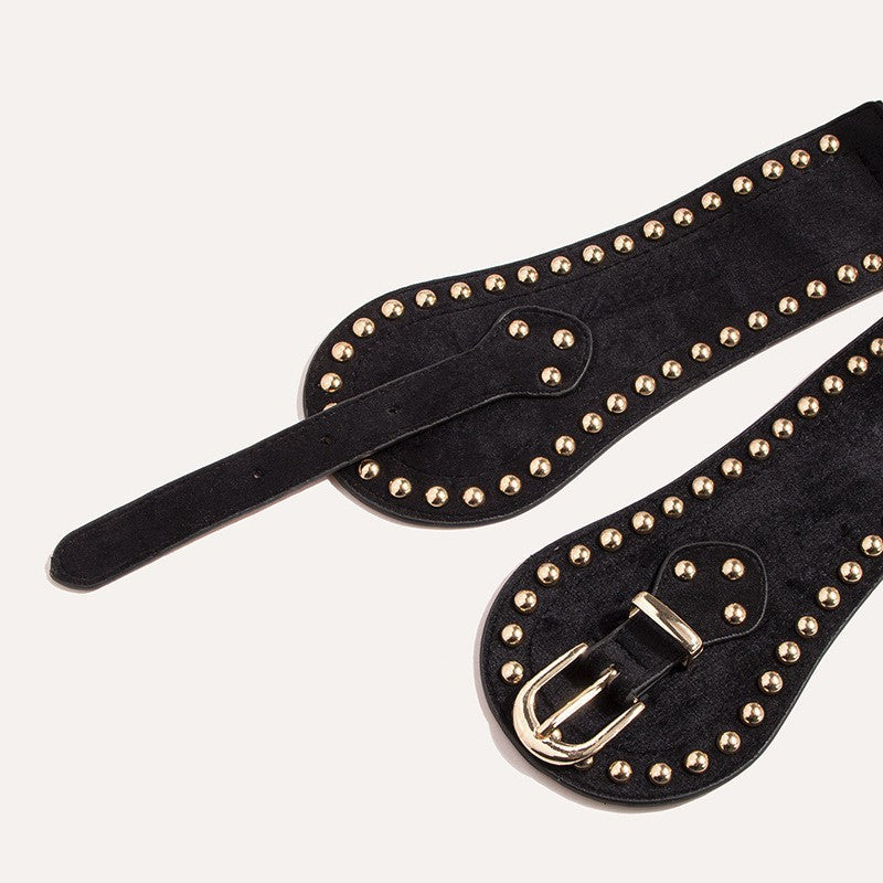 Studded Suede Wide Elastic Waist Belt - Black - 1