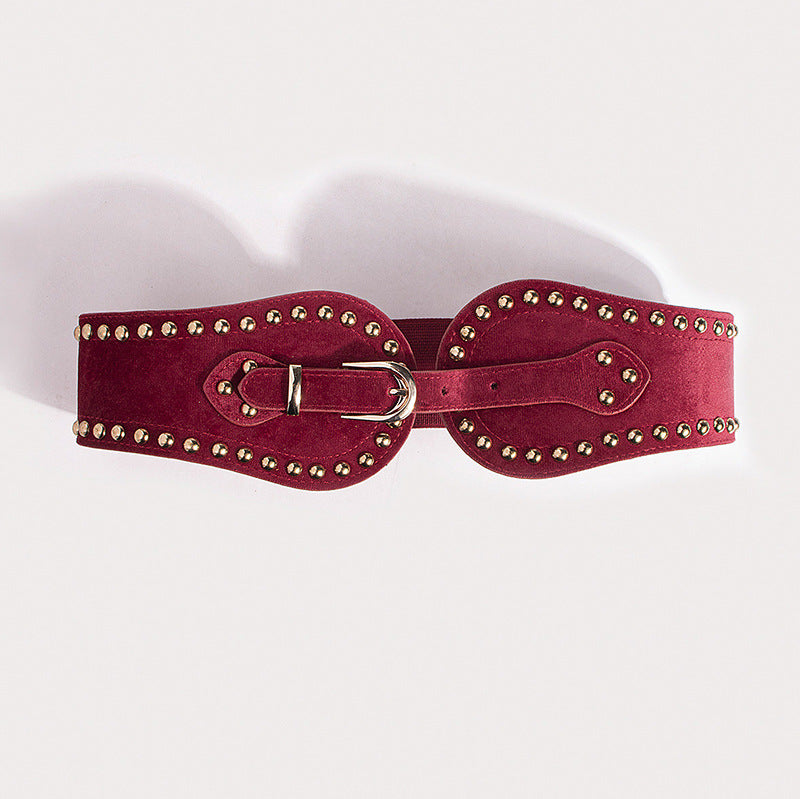 Studded Suede Wide Elastic Waist Belt - Winered