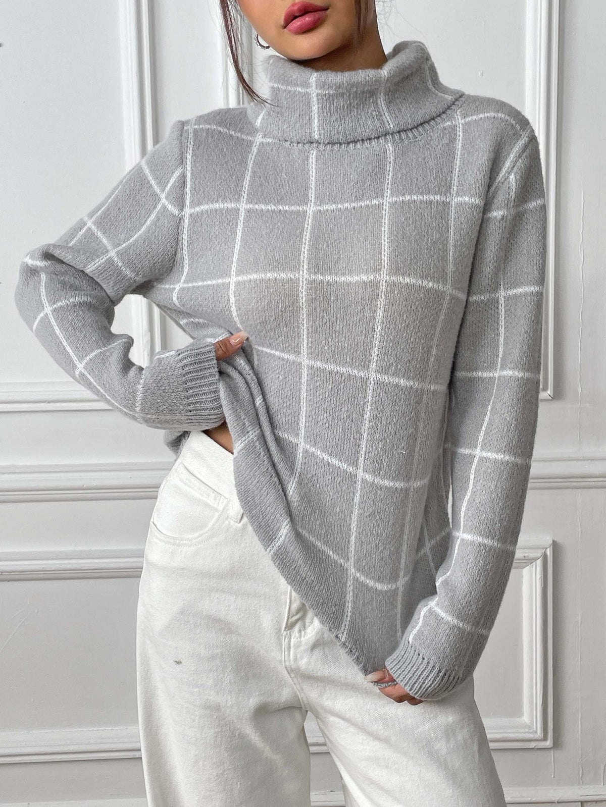 Windowpane Check High Neck Ribbed Hem Sweater - Grey - 1