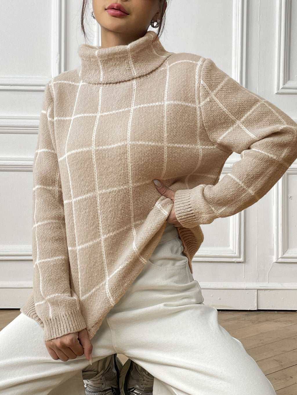 Windowpane Check High Neck Ribbed Hem Sweater - Khaki