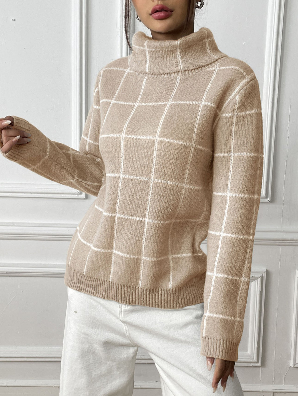 Windowpane Check High Neck Ribbed Hem Sweater - Khaki - 1