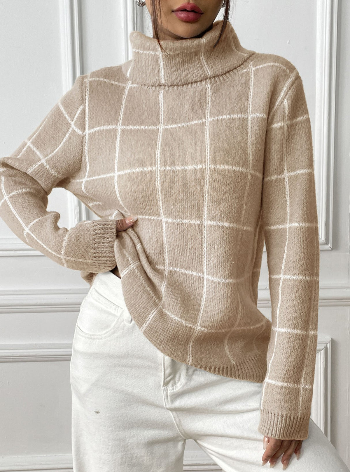 Windowpane Check High Neck Ribbed Hem Sweater - Khaki - 2