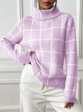 Windowpane Check High Neck Ribbed Hem Sweater - Purple