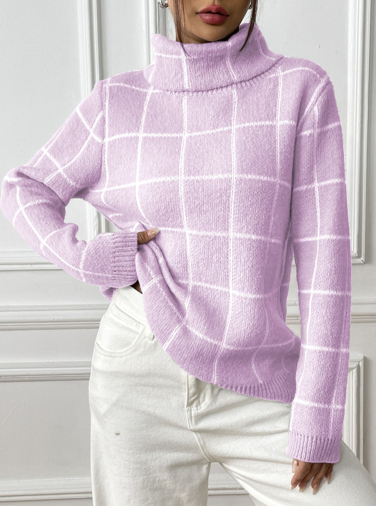 Windowpane Check High Neck Ribbed Hem Sweater - Purple