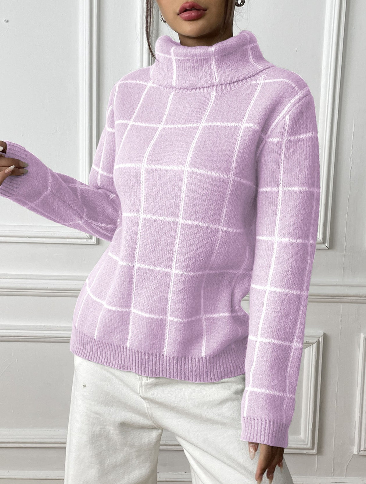 Windowpane Check High Neck Ribbed Hem Sweater - Purple - 1