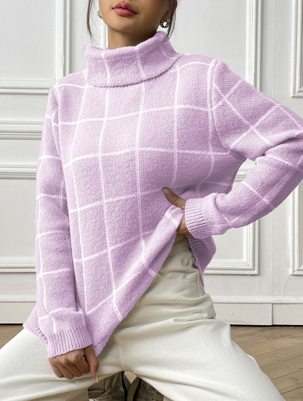 Windowpane Check High Neck Ribbed Hem Sweater