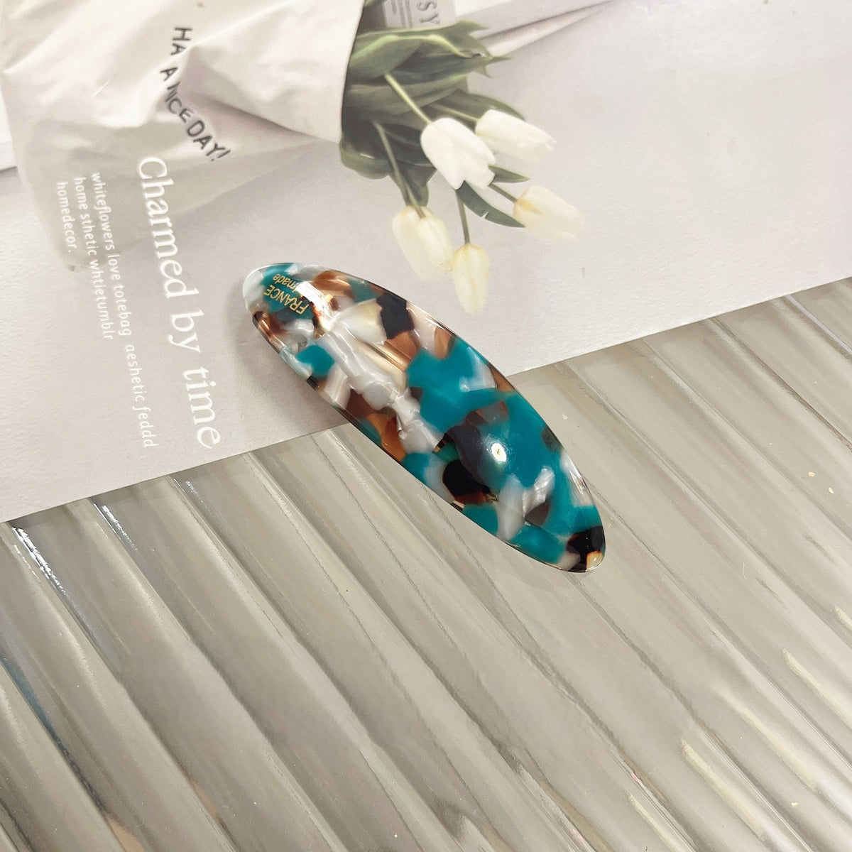 Marbled Acetate Oval Snap Hairpin - Blue