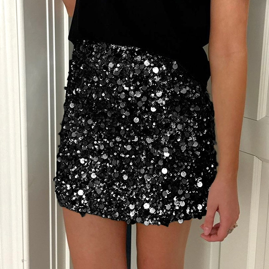 Paillette Sequin High Waist Mini Skirt - Black