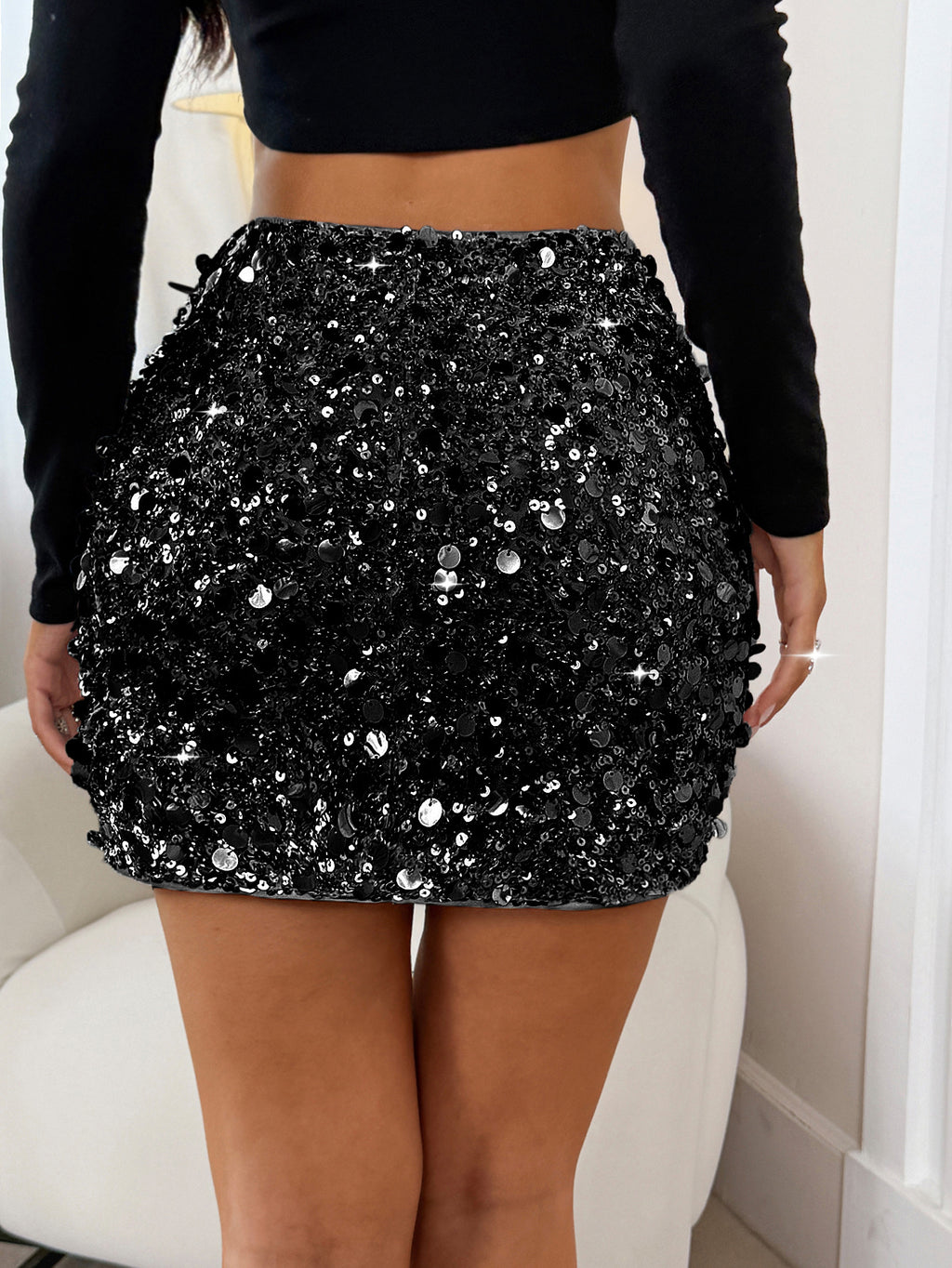 Paillette Sequin High Waist Mini Skirt - Black - 2