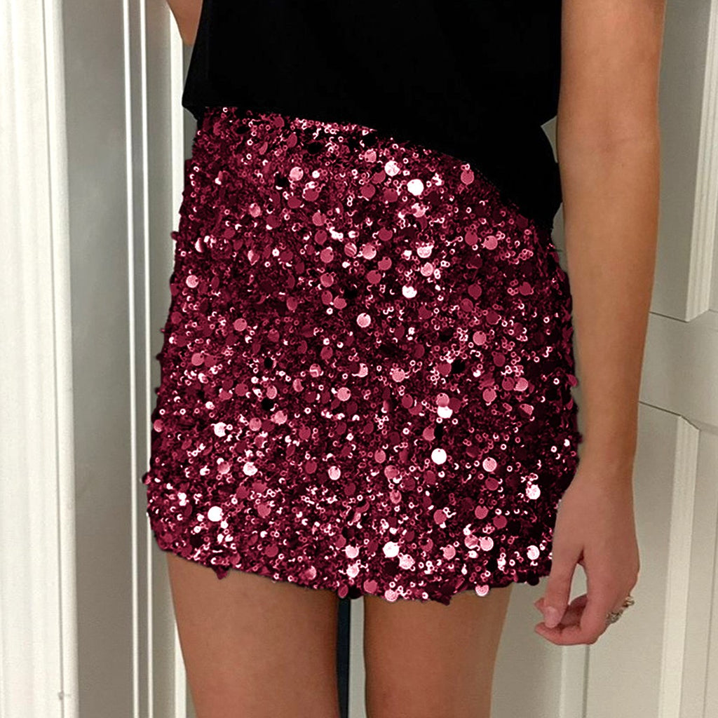 Paillette Sequin High Waist Mini Skirt - WineRed