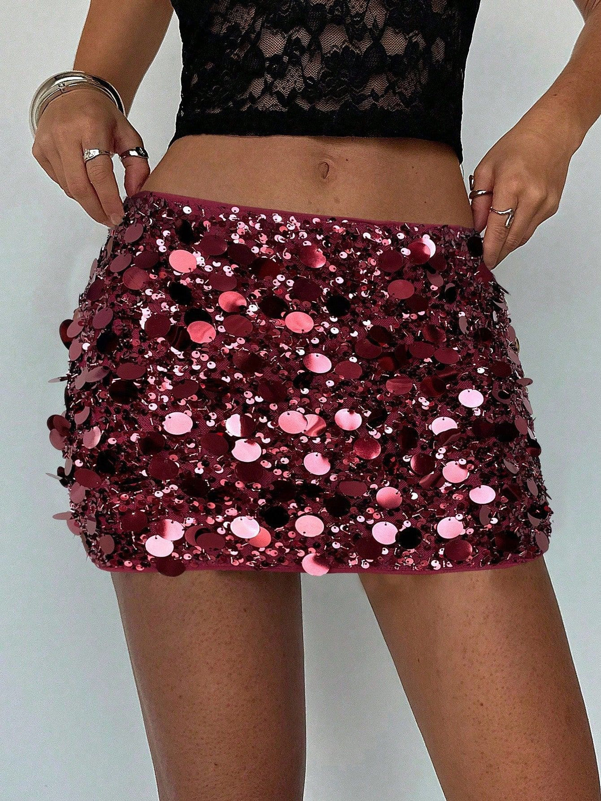 Paillette Sequin High Waist Mini Skirt - WineRed - 1
