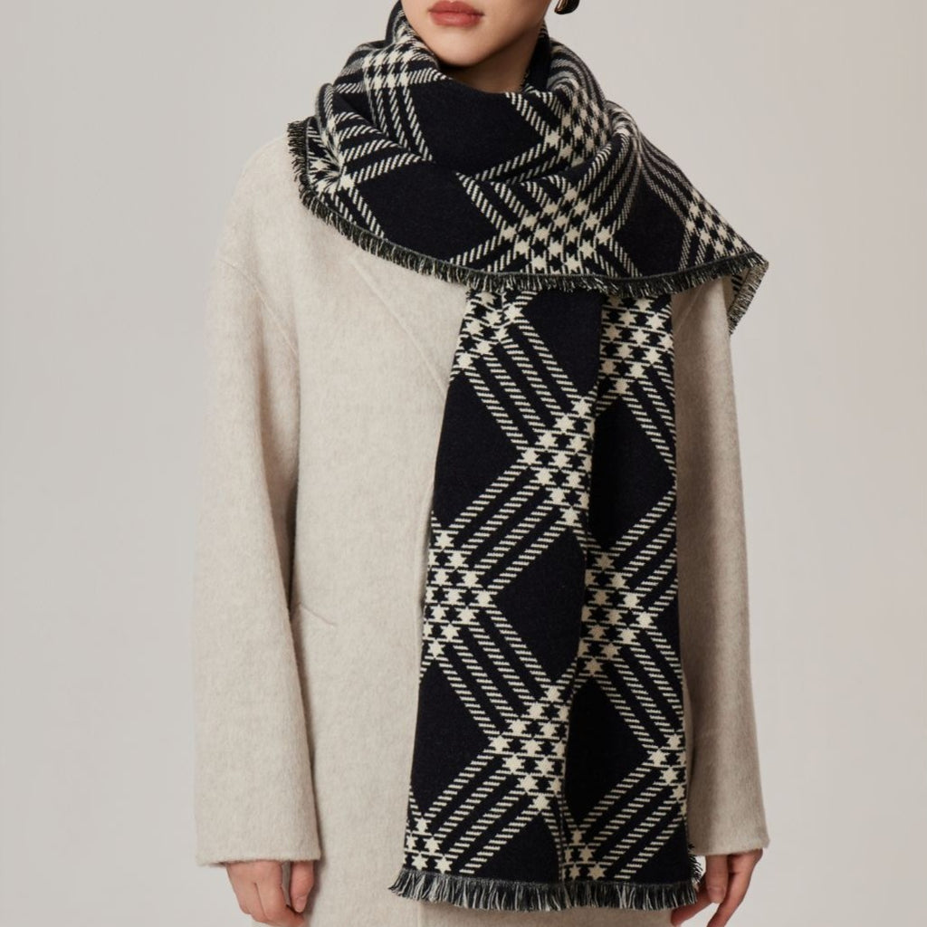 Oversized Check Blanket Scarf With Fringe - Black