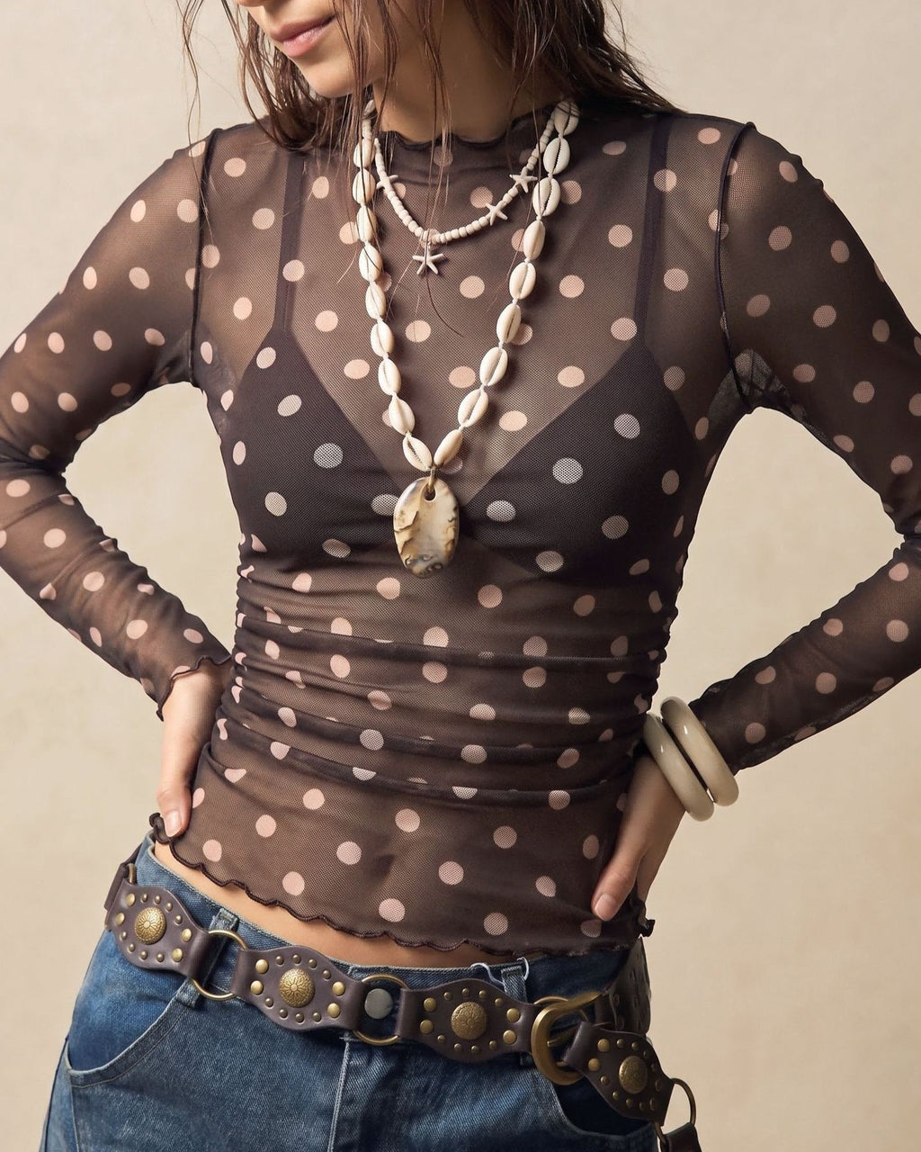 Dotted Sheer Mesh Long Sleeve Tee With Mock Neck - Coffee