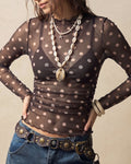 Dotted Sheer Mesh Long Sleeve Tee With Mock Neck - Coffee