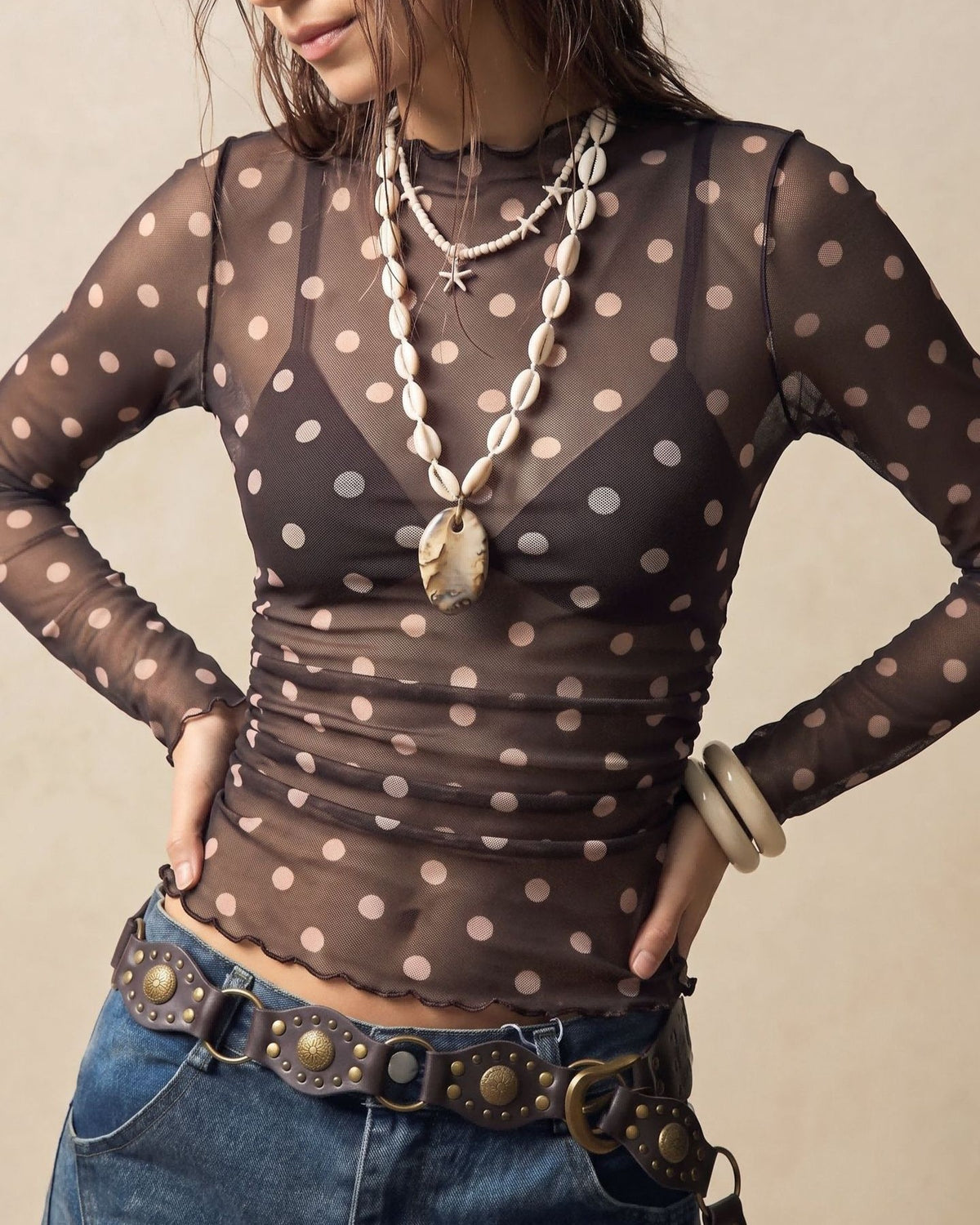 Dotted Sheer Mesh Long Sleeve Tee With Mock Neck - Coffee