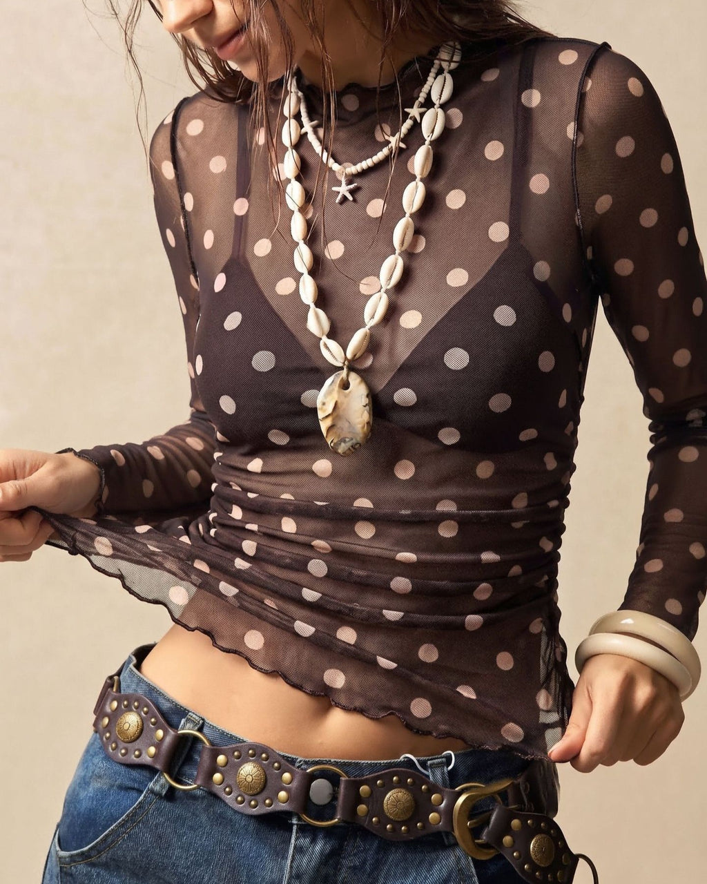 Dotted Sheer Mesh Long Sleeve Tee With Mock Neck - Coffee - 1