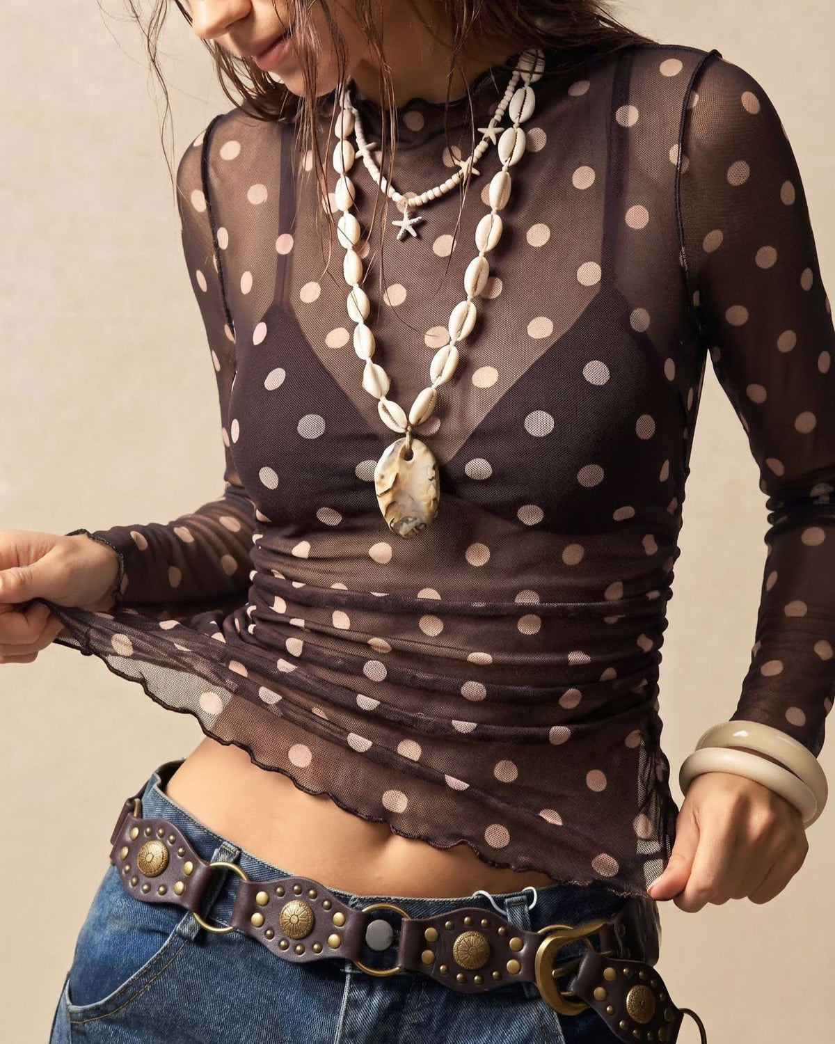 Dotted Sheer Mesh Long Sleeve Tee With Mock Neck - Coffee - 1