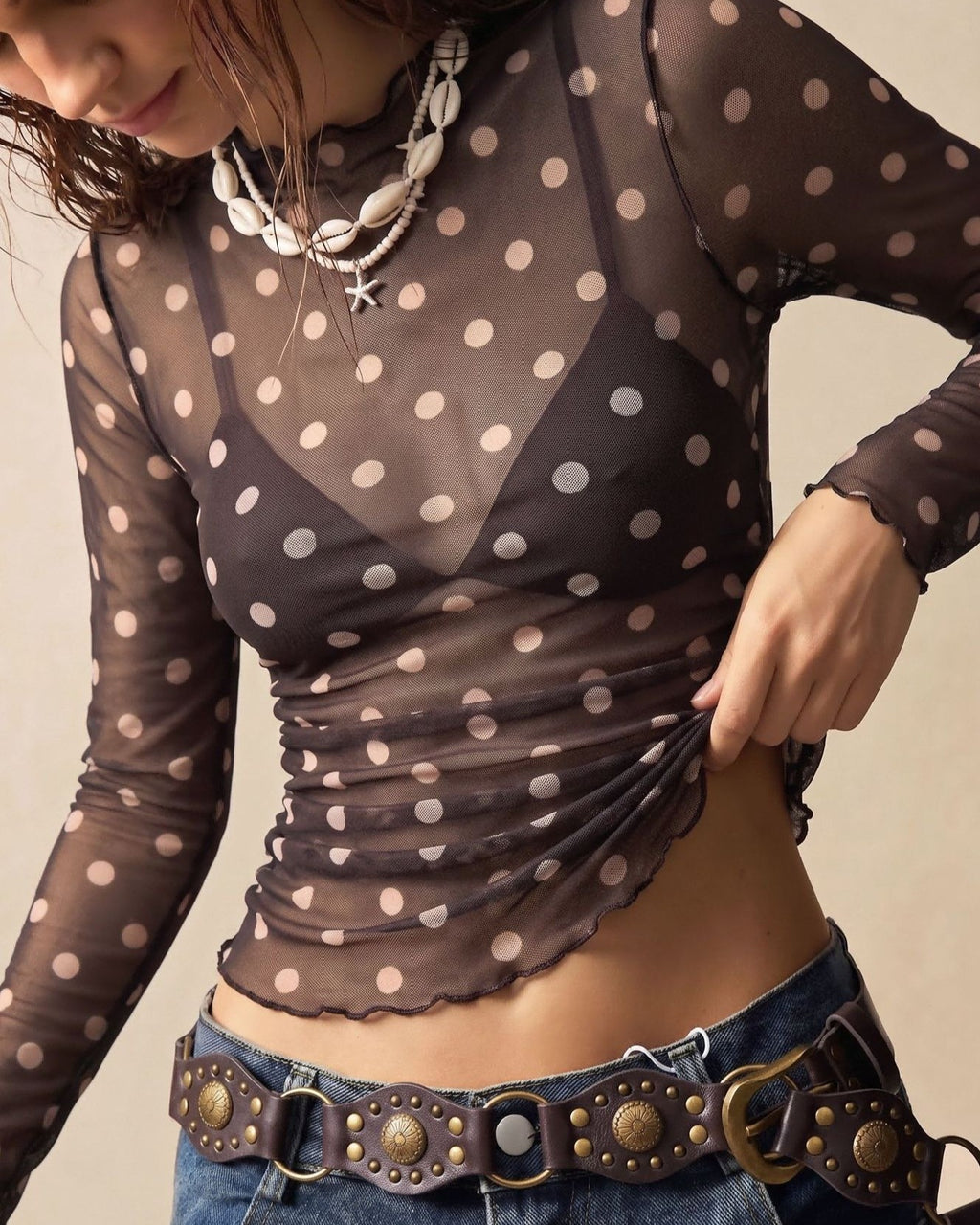 Dotted Sheer Mesh Long Sleeve Tee With Mock Neck - Coffee - 2