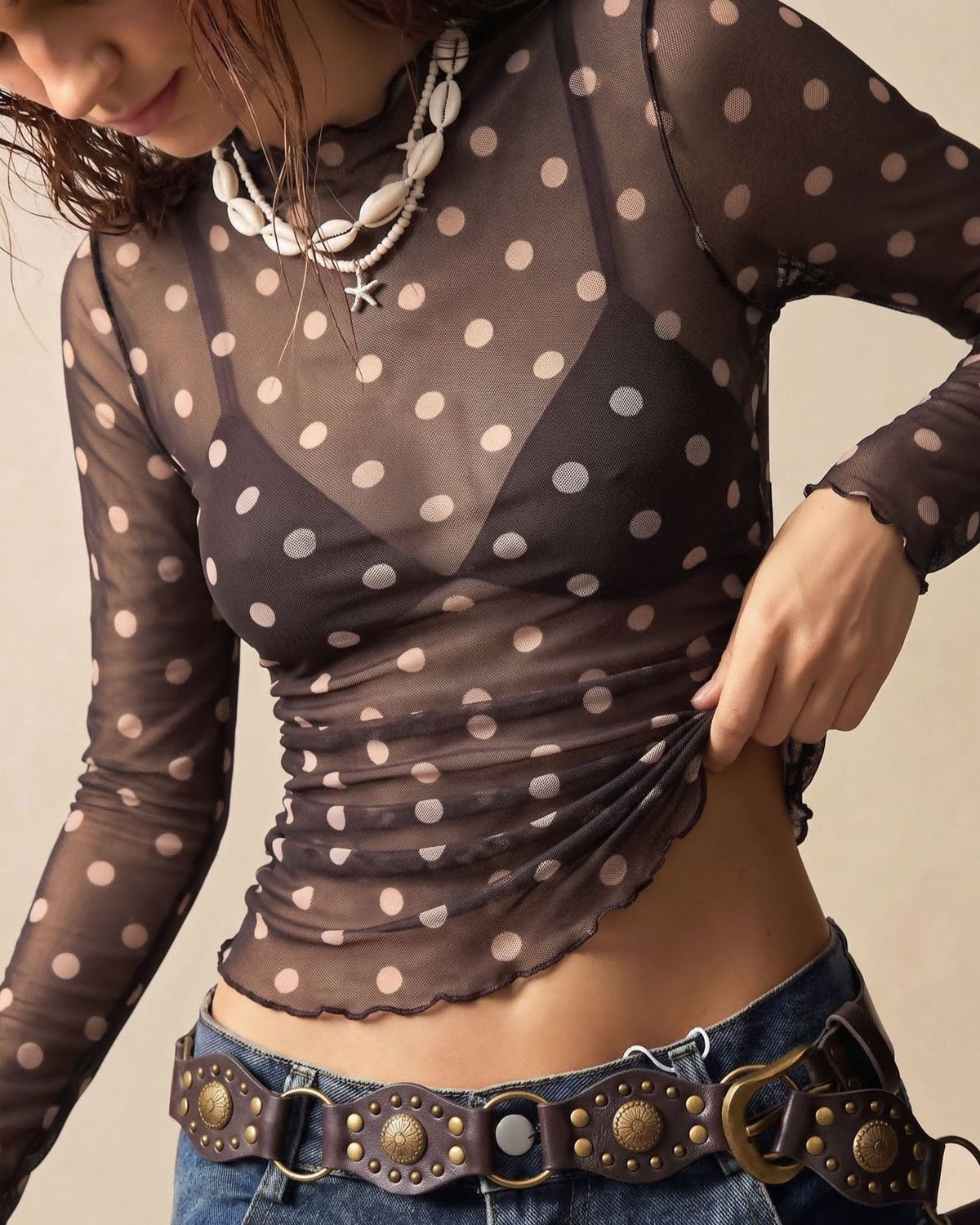 Dotted Sheer Mesh Long Sleeve Tee With Mock Neck - Coffee - 2