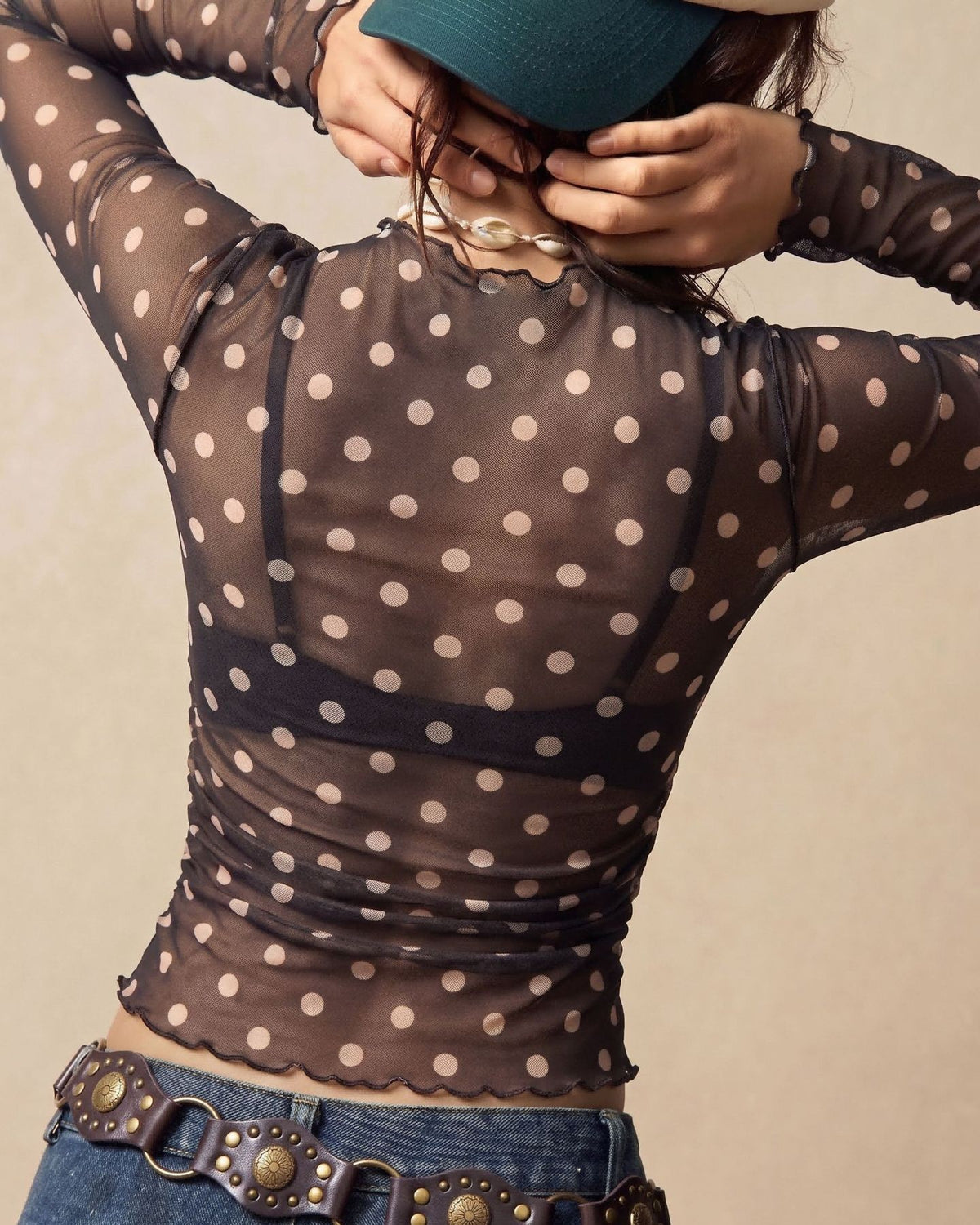 Dotted Sheer Mesh Long Sleeve Tee With Mock Neck - Coffee - 3