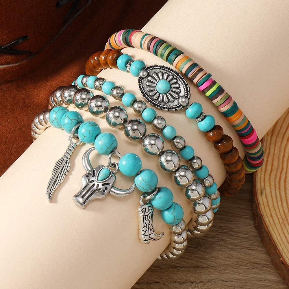 Western Stacking Beaded Bracelet Set with Charms - C1