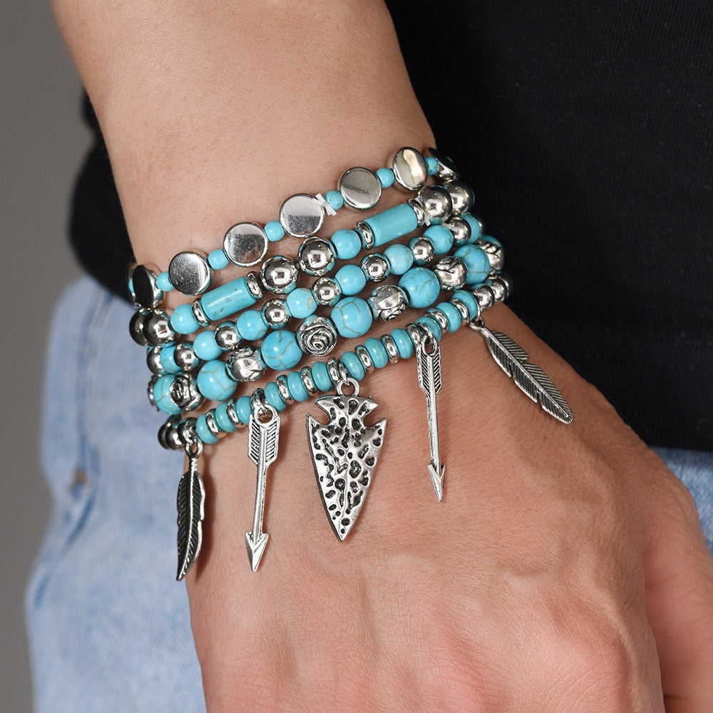 Western Stacking Beaded Bracelet Set with Charms - C2