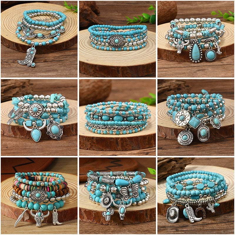 Western Stacking Beaded Bracelet Set with Charms