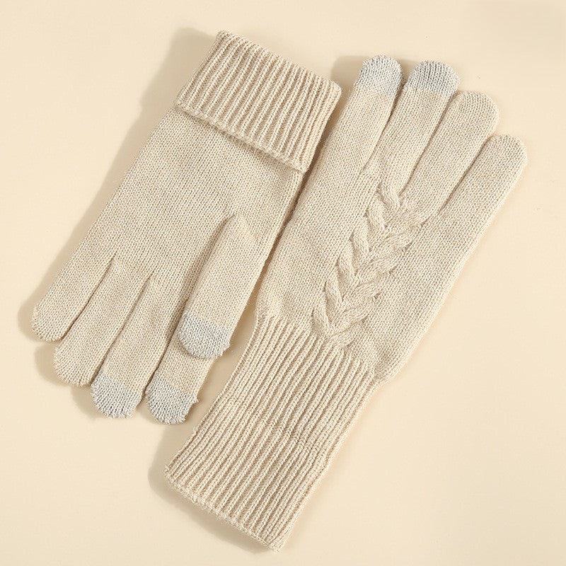 Wheat Cable Knit Winter Gloves - Beige