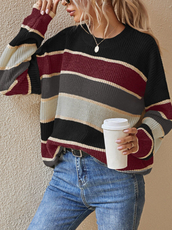 Retro Wide Stripe Drop Shoulder Sweater - Black