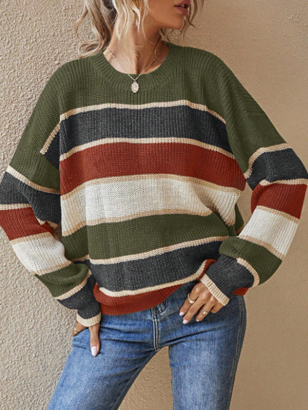 Retro Wide Stripe Drop Shoulder Sweater - Green