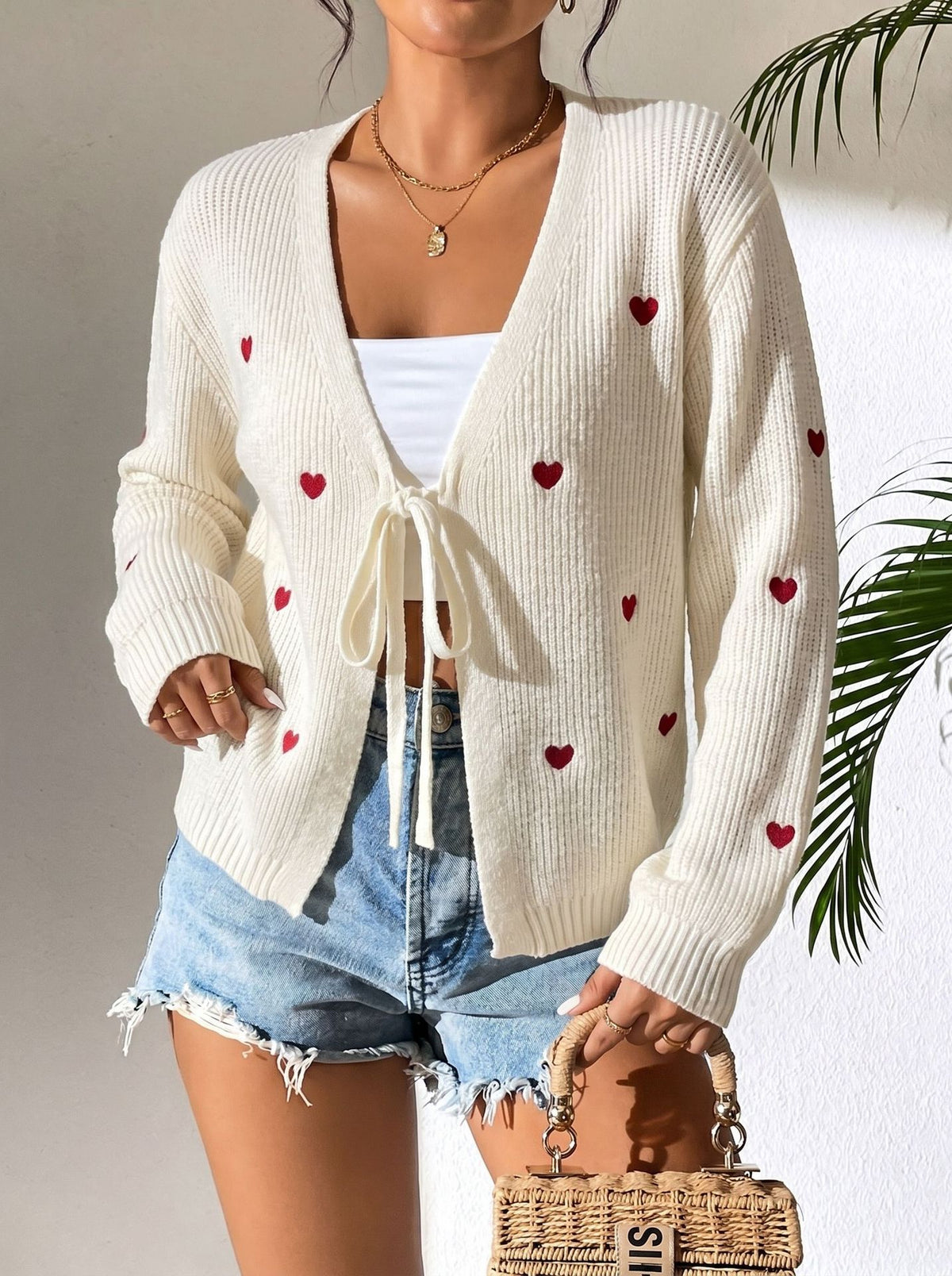 Scattered Heart Embroidery Cardigan With Tie Front - White