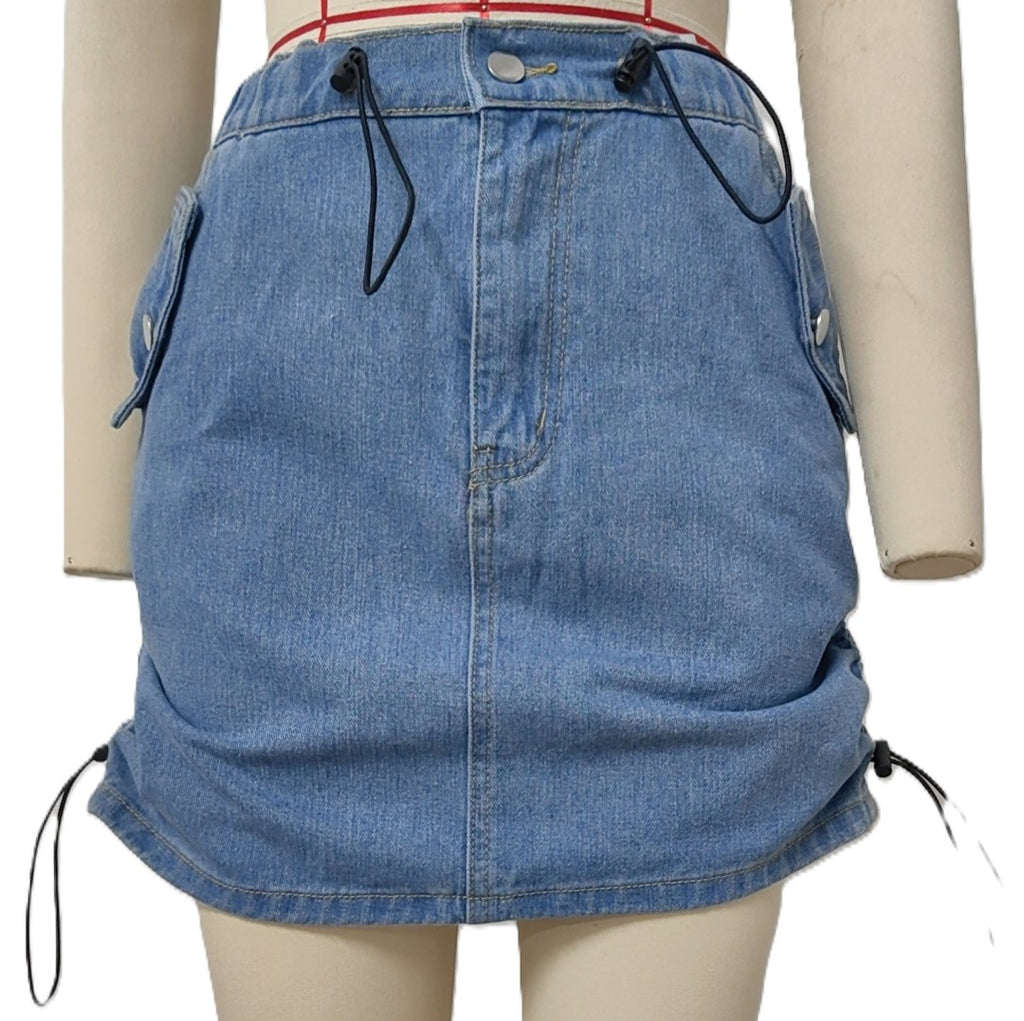 Drawstring Ruched Denim Mini Skirt - Blue
