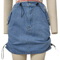 Drawstring Ruched Denim Mini Skirt - Blue