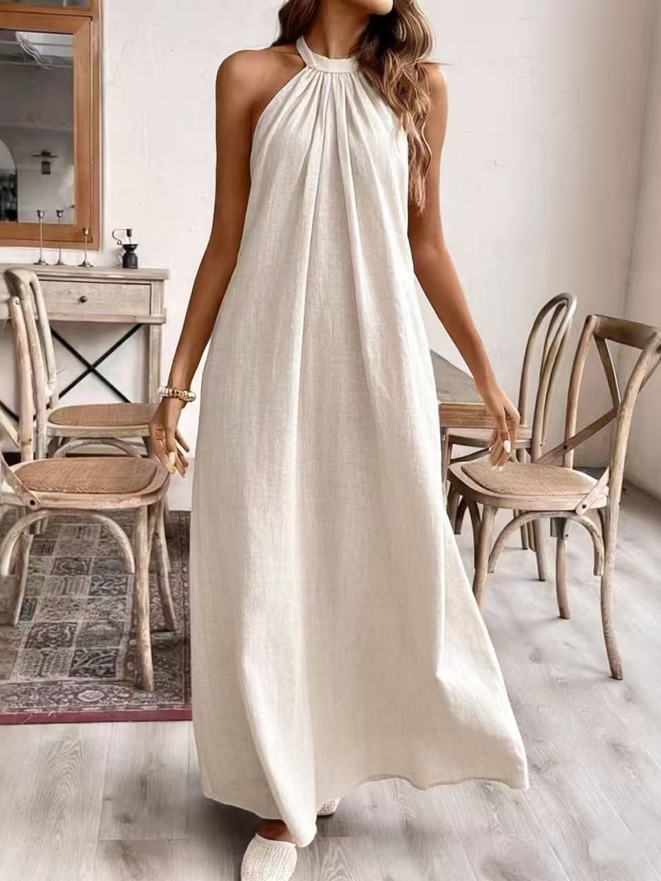 Halter Neck Backless Flowy Maxi Dress - Beige