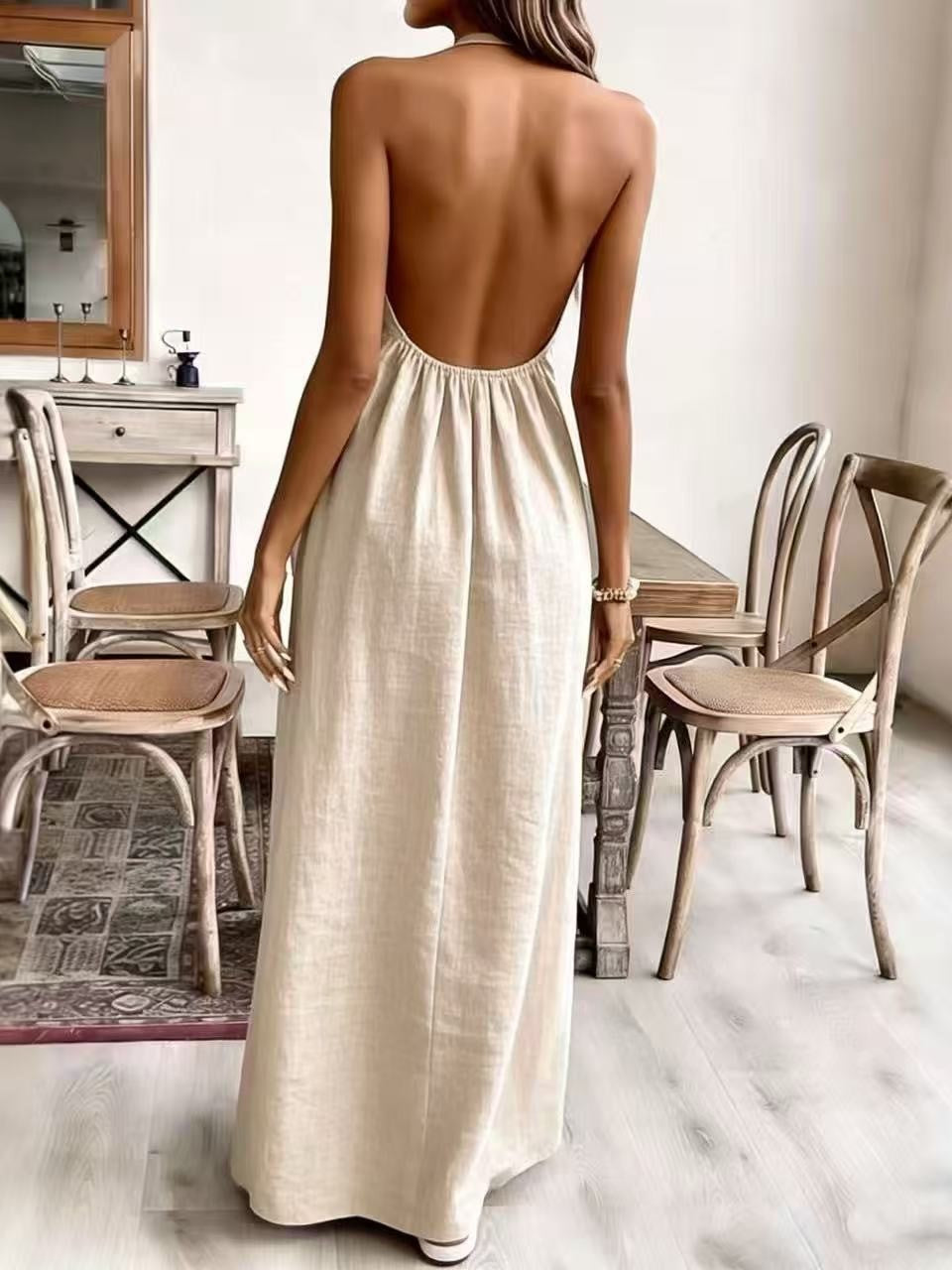 Halter Neck Backless Flowy Maxi Dress - Beige - 1