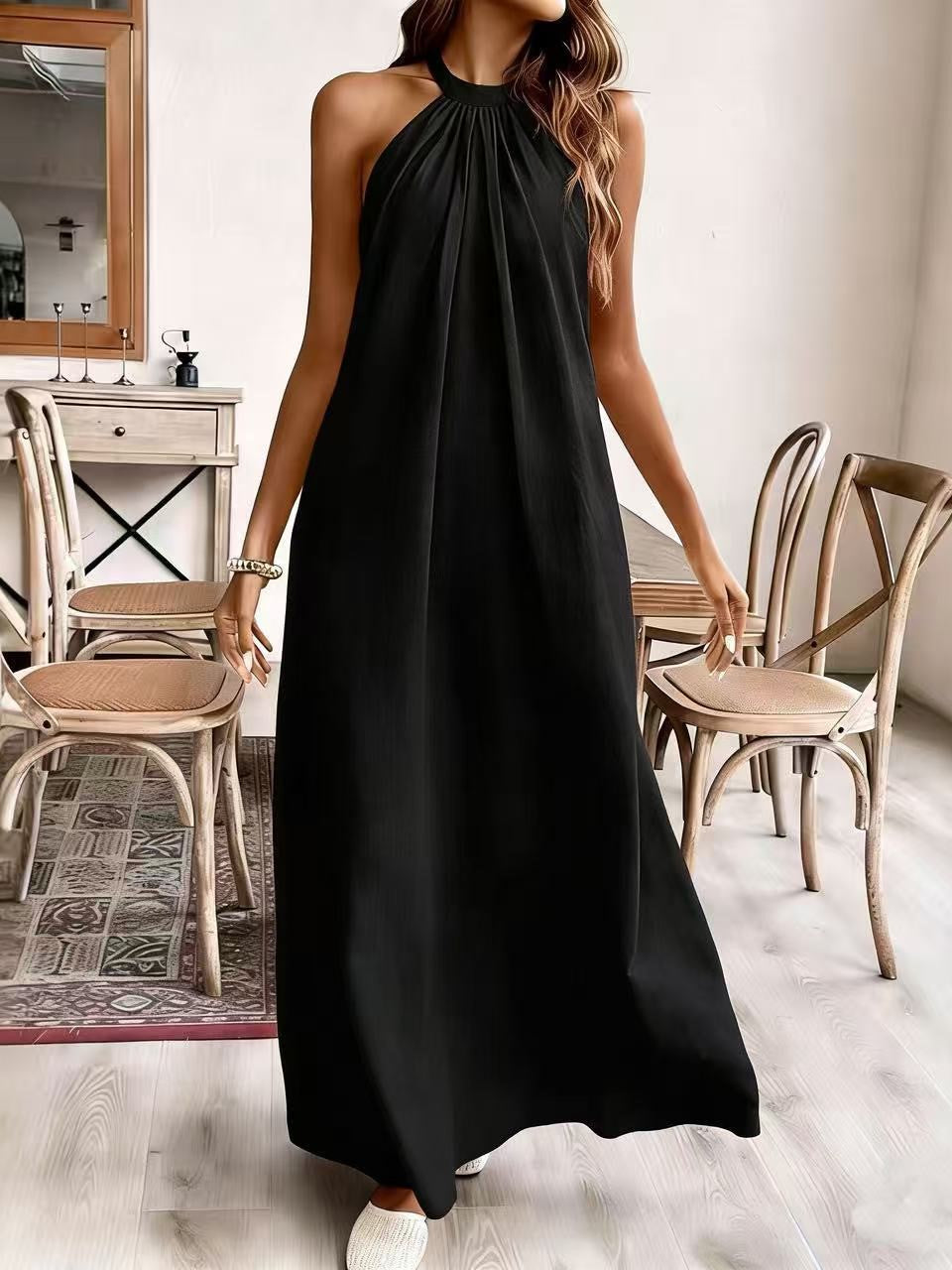 Halter Neck Backless Flowy Maxi Dress - Black