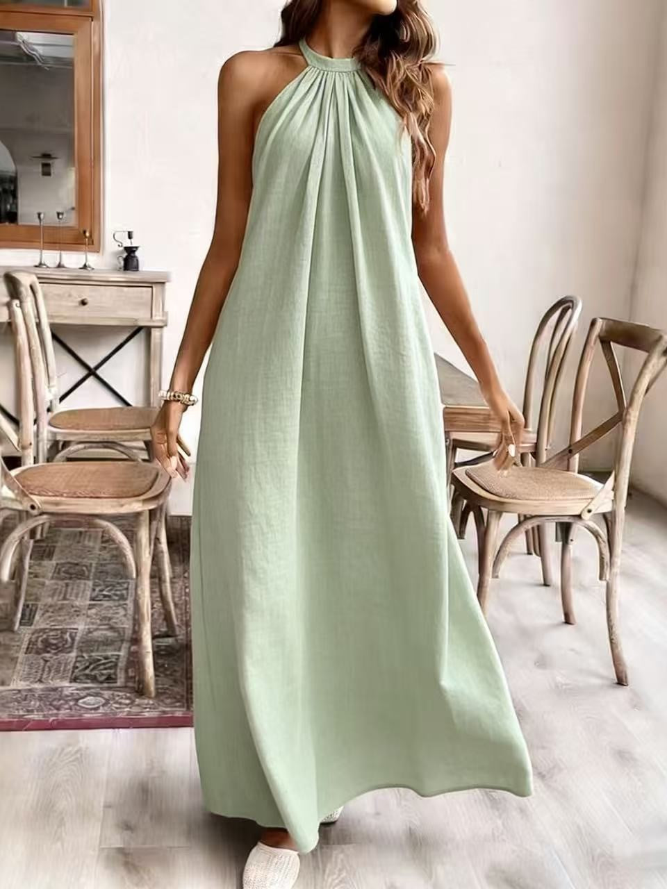 Halter Neck Backless Flowy Maxi Dress - Green