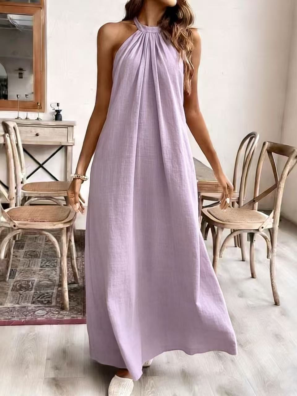 Halter Neck Backless Flowy Maxi Dress - Purple