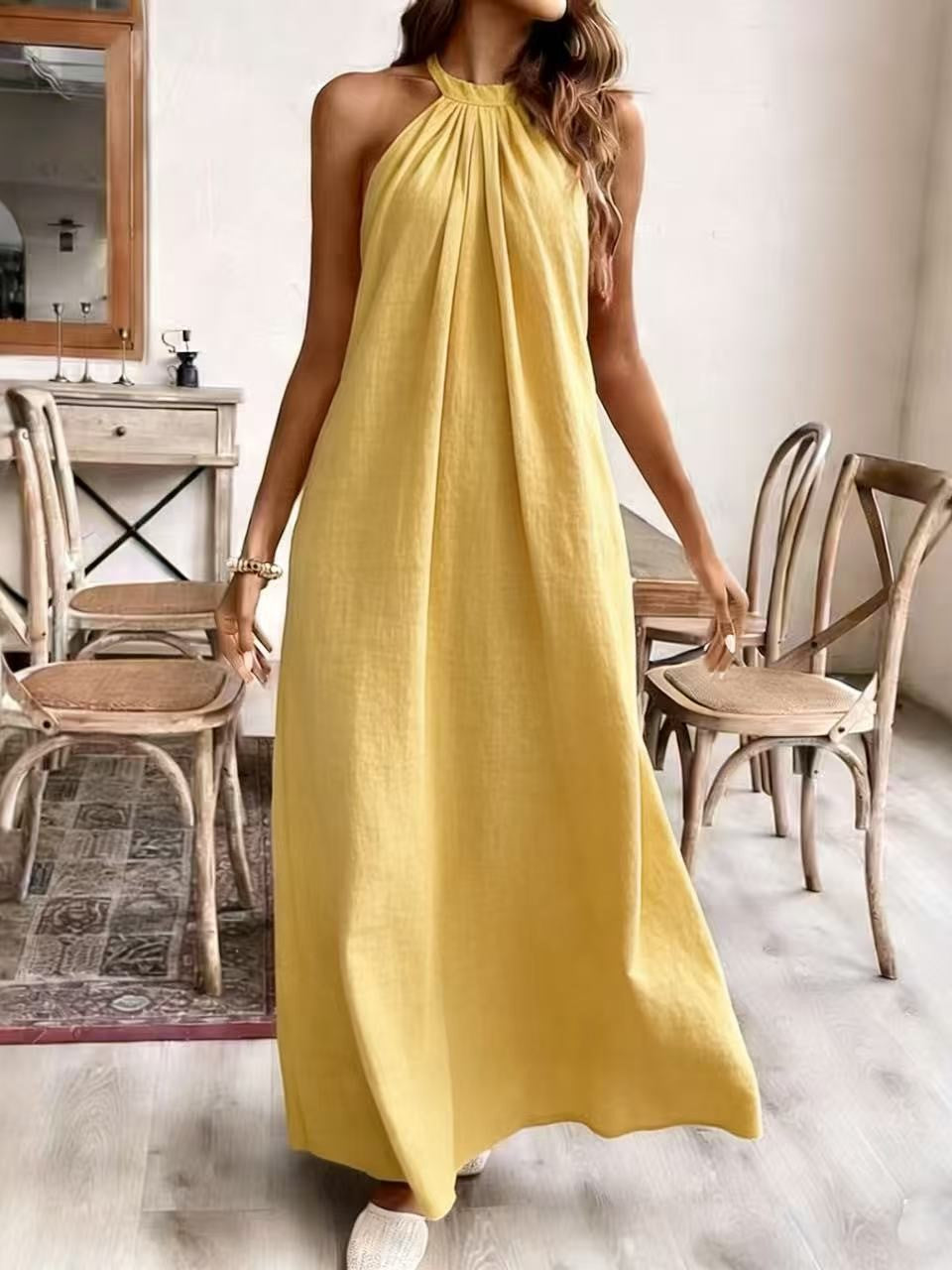 Halter Neck Backless Flowy Maxi Dress - Yellow