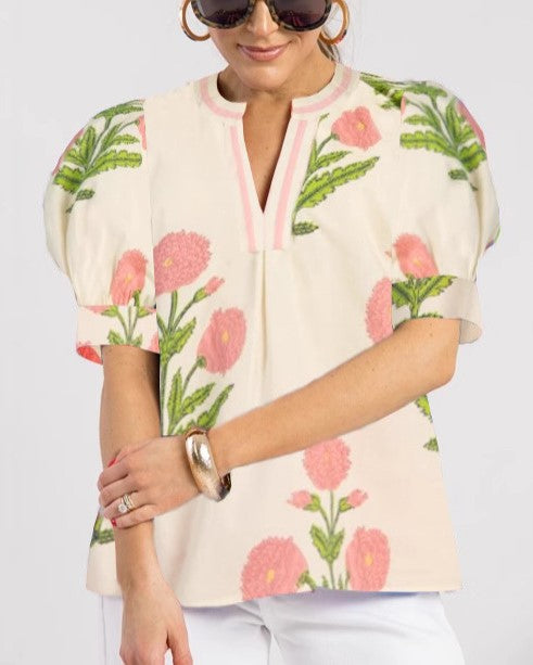 Floral Block Print Puff Sleeve Blouse - Beige