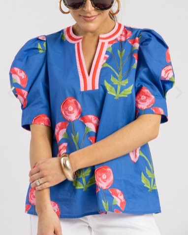 Floral Block Print Puff Sleeve Blouse - Blue