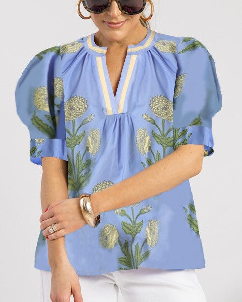 Floral Block Print Puff Sleeve Blouse - LtBlue