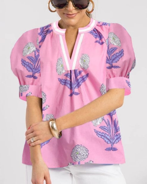 Floral Block Print Puff Sleeve Blouse - Purple