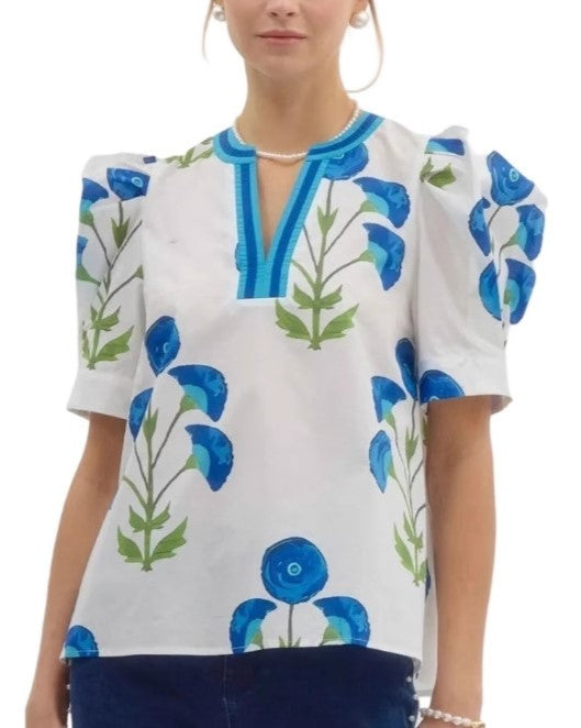 Floral Block Print Puff Sleeve Blouse - White