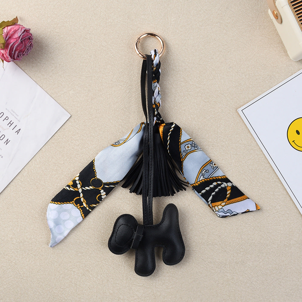 Boho Twilly Scarf Bag Charm with Tassel Puppy Keyring - Black