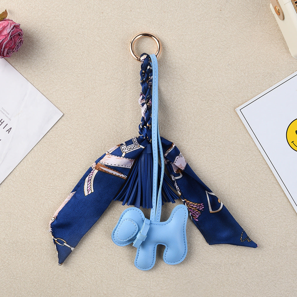 Boho Twilly Scarf Bag Charm with Tassel Puppy Keyring - Blue