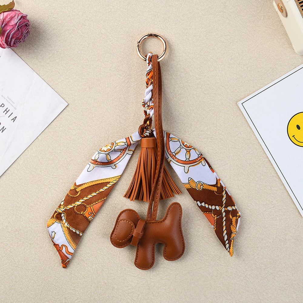 Boho Twilly Scarf Bag Charm with Tassel Puppy Keyring - Brown
